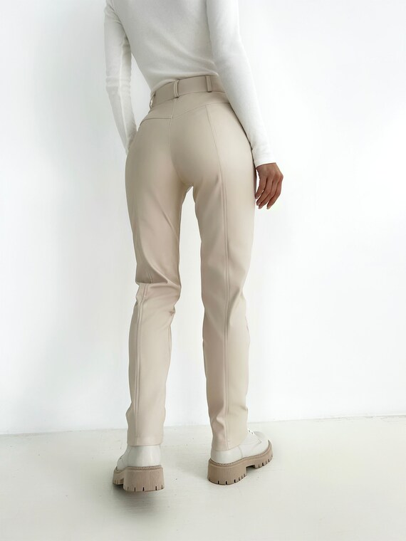 Women's Ivory Faux Leather Pants With Suede Base High Waisted - Main Image