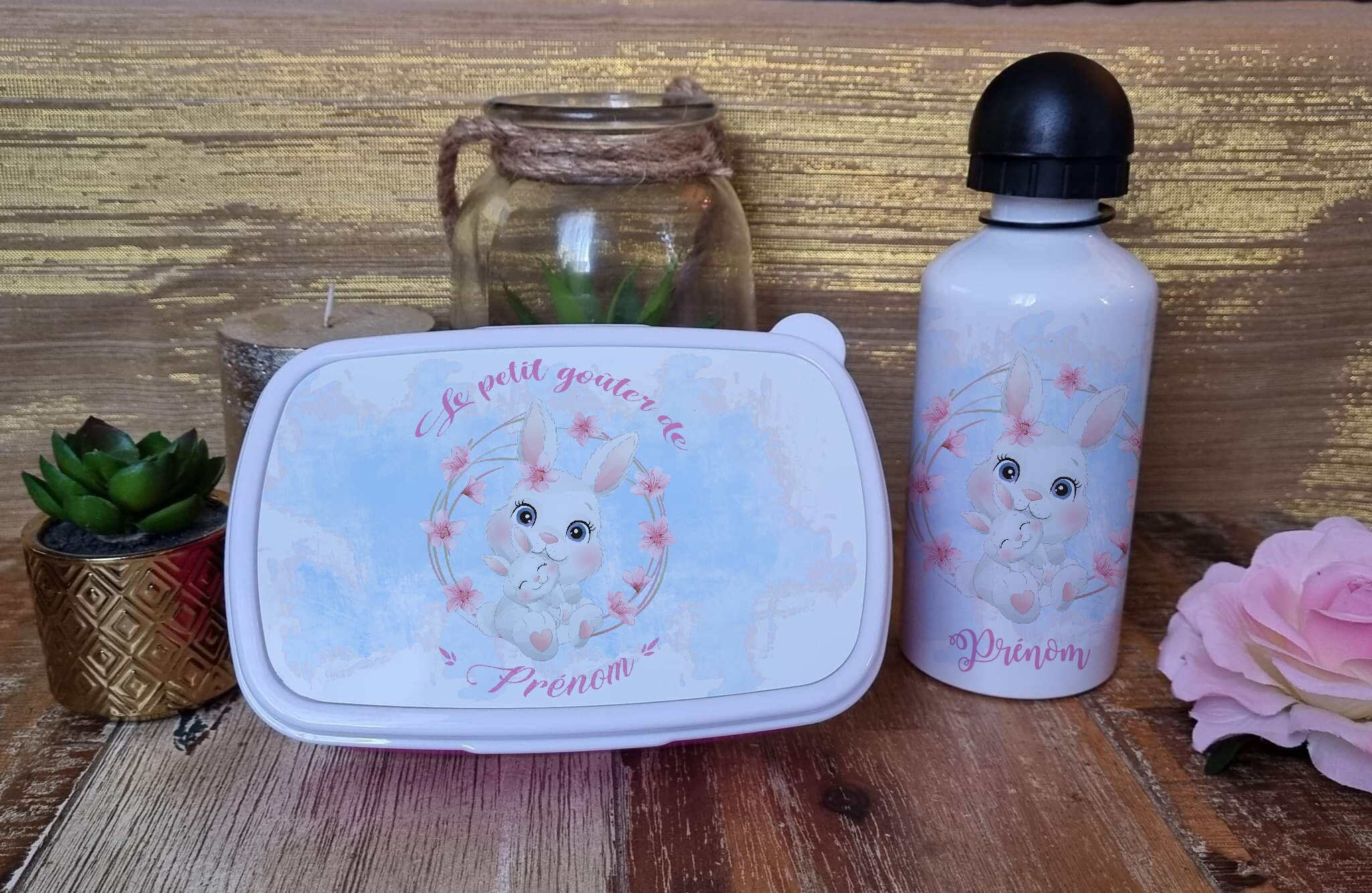 Lot Gourde + Boîte à Goûter Rose Animaux Forêt