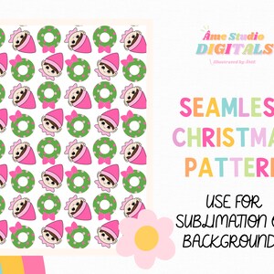 May include: A seamless Christmas pattern featuring a repeating design of pink and green elf heads and wreaths. The text "SEAMLESS CHRISTMAS PATTERN" is written in rainbow colors. The text "USE FOR SUBLIMATION OR BACKGROUNDS" is written in black.