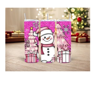 Pink Snowman Christmas Tumbler Wrap 20 oz straight, 20 oz tumbler wrap, Christmas Tumbler Wrap, Snowman Tumbler Wrap, Pink Christmas Wrap
