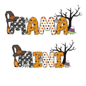 May include: Halloween themed "Mama" and "Mini" words with orange, black, and white patterned fabric. The letters are decorated with spiderwebs, skulls, and polka dots.