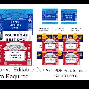 Könnte beinhalten: Eine Sammlung von Designs zum Vatertag mit Bieretiketten und verwandten Grafiken. Die Designs enthalten Sätze wie "Happy Father's Day", "You're the Best Dad" und "Father of the Year". Das Farbschema ist hauptsächlich rot, weiß und blau.