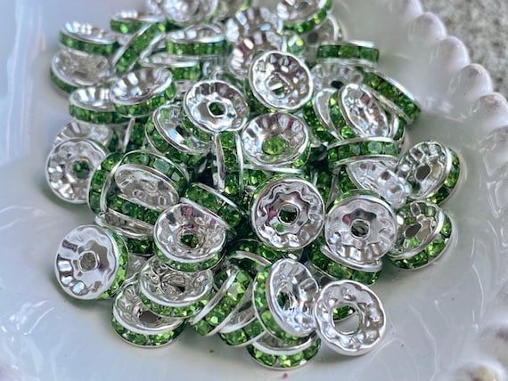 10pc Green 10mm Spacer Beads // Rhinestone Spacer Beads