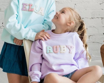 Custom name shirt for kids chenille sweatshirt youth chenille initial shirt glitter letter shirt custom toddler shirt youth t shirt for kids