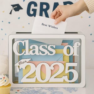 Boîte pour cartes de remise des diplômes, promotion 2025, décoration de fête des diplômés pour l'obtention du diplôme, décoration de table, souvenir senior personnalisé, porte-monnaie en bois