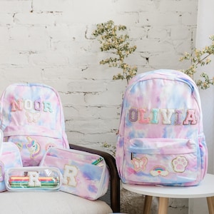 Conjunto de mochila e lancheira personalizada para meninas, presente de volta às aulas com estojo para crianças, presente de aniversário para meninas, tie-dye