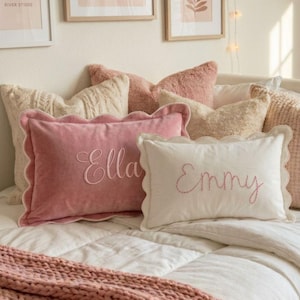 Scalloped Edge Personalized Name Pillow, Baby Girl Pillow, Pink Velvet Nursery Decor, Custom Toddler Present, Baby Shower Gift Bow aesthetic