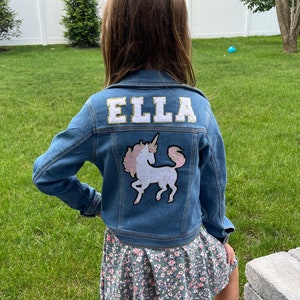 Jean jacket kids personalized denim jacket chenille patch jacket for kids birthday gift for girl coat with name Jean jacket with patches image 2