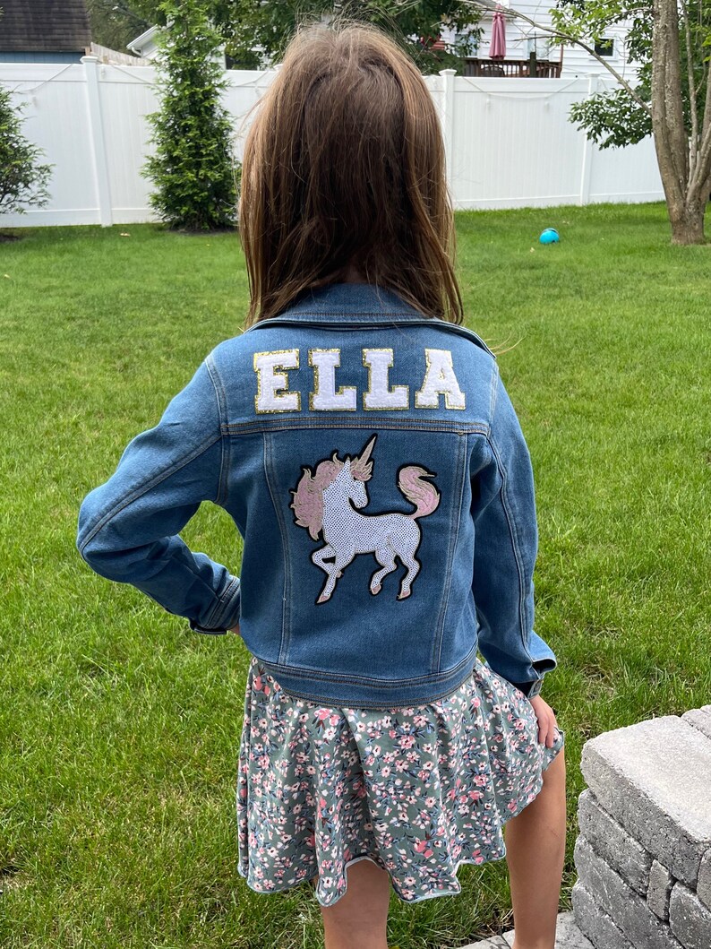 Jean jacket kids personalized denim jacket chenille patch jacket for kids birthday gift for girl coat with name Jean jacket with patches image 2