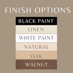 May include: Image displaying finish options for a product. The text "FINISH OPTIONS" is at the top. Below, a list of options includes "BLACK PAINT", "LINEN", "WHITE PAINT", "NATURAL", "OAK", and "WALNUT", each on a colored background.