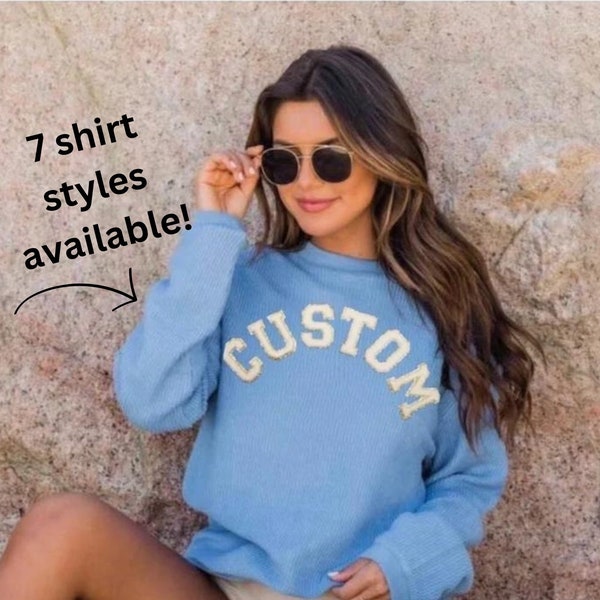 Custom shirt with chenille letter custom sweatshirt personalized crewneck sweatshirt  stoney clover chenille patch women's custom sweatshirt