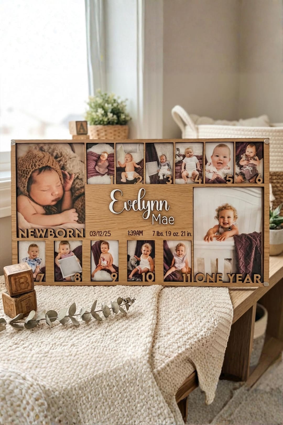 Baby's First Year Photo Frame Wood Monthly Milestone Picture Display ...