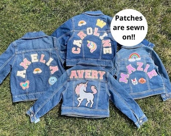 Jean jacket kids personalized denim jacket chenille patch jacket for kids birthday gift for girl coat with name Jean jacket with patches