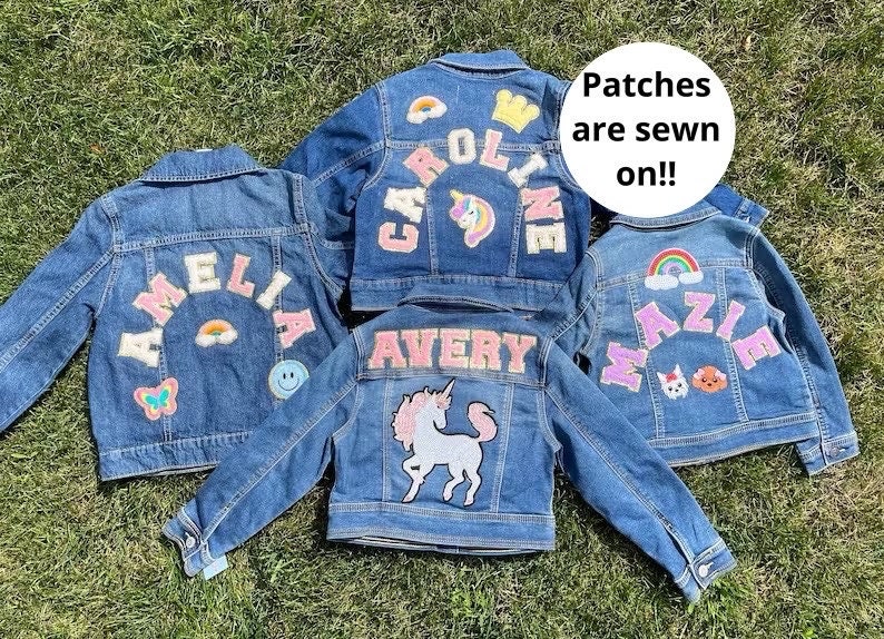 Jean jacket kids personalized denim jacket chenille patch jacket for kids birthday gift for girl coat with name Jean jacket with patches image 1