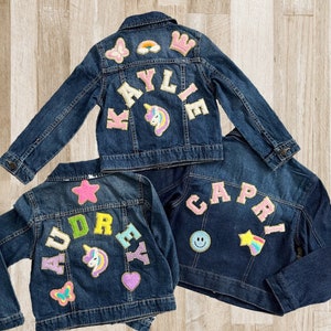 Jean jacket kids personalized denim jacket chenille patch jacket for kids birthday gift for girl coat with name Jean jacket with patches image 4