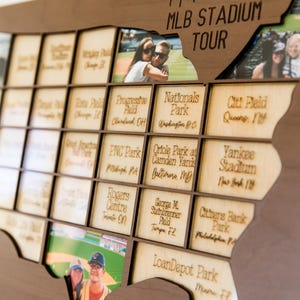 May include: Wooden MLB Stadium Tour map with individual photo slots. The map is shaped like the United States and features engraved stadium names. Photos are inserted into the slots, creating a personalized travel memory display.