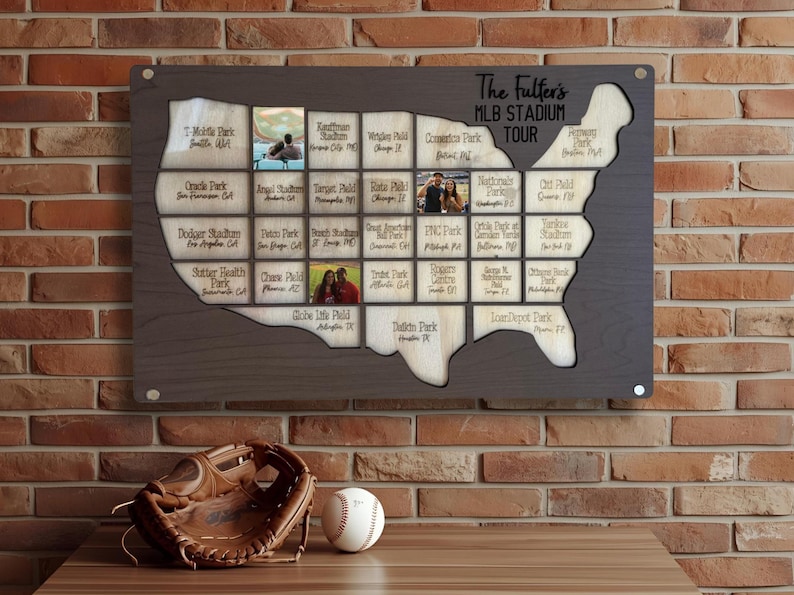 May include: A wooden map of the United States with cutouts for photos, labeled with MLB stadium names. The text "The Fulfer's MLB Stadium Tour" is at the top. A baseball glove and a baseball sit on a wooden surface in front of a brick wall.