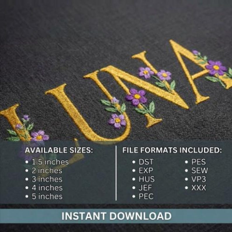 May include: Embroidered design of the name "LUNA" in gold thread, adorned with purple flowers and green leaves. Available sizes include 1.5, 2, 3, 4, and 5 inches. Includes various file formats for instant download.