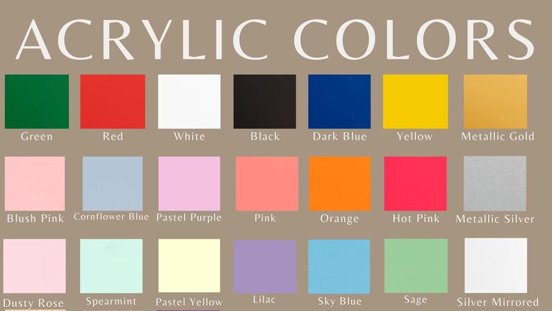 Puede incluir: Una carta de colores que muestra colores acr&iacute;licos. La carta presenta una variedad de colores, incluyendo verde, rojo, blanco, negro, azul oscuro, amarillo, oro met&aacute;lico, rosa rubor, azul aciano, morado pastel, rosa, naranja, rosa intenso, plata met&aacute;lica, rosa empolvado, hierbabuena, amarillo pastel, lila, azul cielo, salvia y plata espejada.
