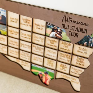 May include: Wooden map of the United States with cutouts for photos, labeled "Attamirano MLB Stadium Tour." The map features small wooden plaques with baseball stadium names and photos inserted into the cutouts. The wood is a medium brown color.