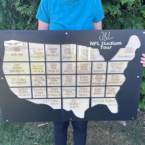 May include: A black wooden sign with a map of the United States, featuring cutouts for NFL stadiums. The sign includes the text "J&L NFL Stadium Tour" and stadium names. The sign is held up by a person.