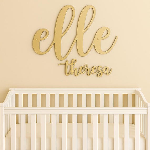 Metallic Gold Name Sign Nursery Wall Art Floating Letter Cutout for Toddler Room Boho Chic Playroom Decor Glam Style crib sign initial