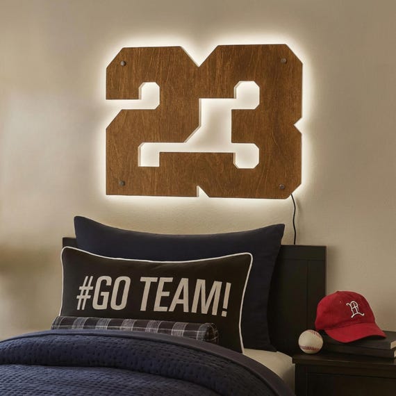 Personalized LED Number Wall Sign – Backlit Sports Room Decor, Custom Wood Number Light, Teen Bedroom Wall Art, Athlete Jersey Number Gift