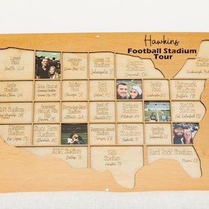 May include: Wooden map-shaped display with cutouts for photos, labeled "Hawkins Football Stadium Tour." Includes stadium names and photos, with a light wood finish. A unique piece for sports fans.