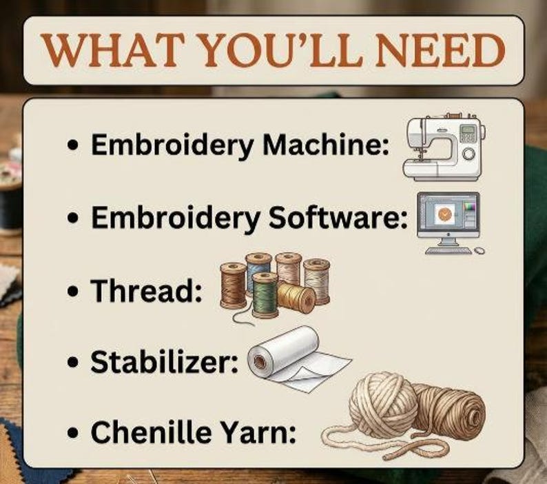May include: A list of embroidery supplies is displayed on a cream-colored background. The text "WHAT YOU'LL NEED" is at the top. Items include an embroidery machine, software, thread, stabilizer, and chenille yarn. The image is for crafting.