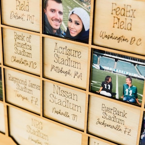 May include: Wooden wall art featuring stadium names and photos. Includes Ford Field, Acrisure Stadium, and EverBank Stadium. Photos of people are in some of the squares. The names of the stadiums are in a handwritten font.