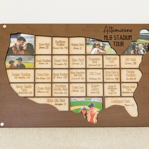 May include: Wooden MLB Stadium Tour map with cutouts for photos. The map is shaped like the United States and features small wooden blocks with stadium names. The title "Attamirano MLB Stadium Tour" is written at the top.