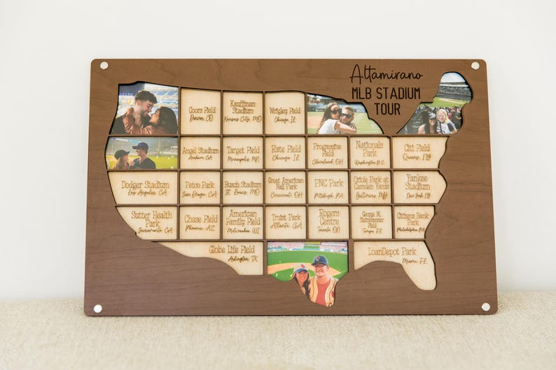 May include: Wooden MLB Stadium Tour map with cutouts for photos. The map is shaped like the United States and features small wooden blocks with stadium names. The title "Attamirano MLB Stadium Tour" is written at the top.