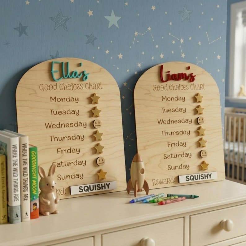 Puede incluir: Dos tablas de buenas elecciones de madera con nombres en letras coloridas. Cada tabla tiene una lista de d&iacute;as con pegatinas de estrellas y caras sonrientes. Un cohete de madera, crayones y una figura de conejito est&aacute;n sobre la mesa.