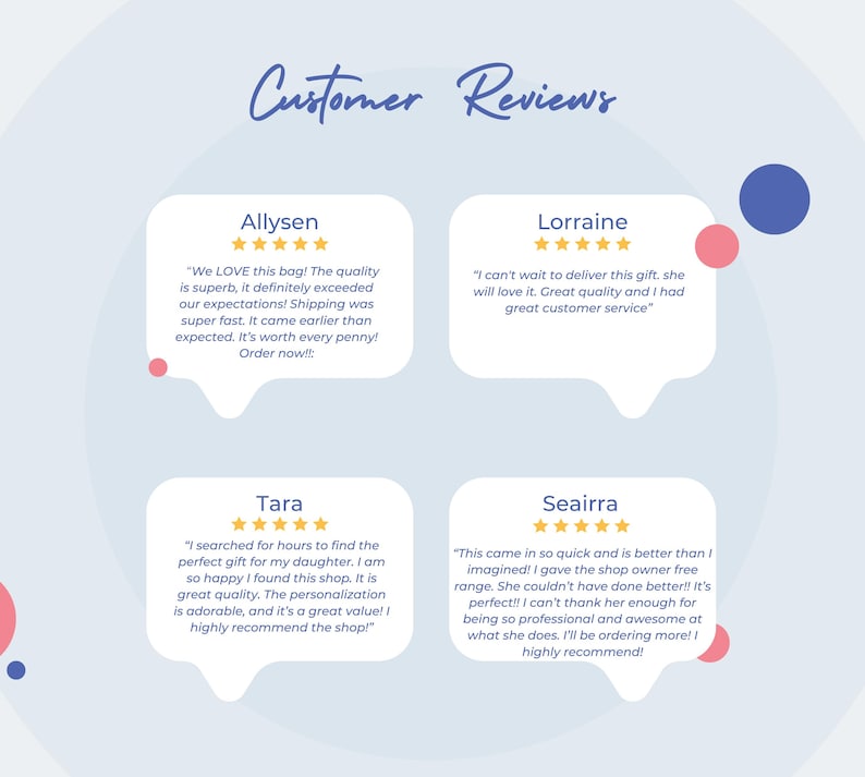 May include: A light blue graphic with the words "Customer Reviews" in cursive. Four customer reviews are displayed in white speech bubbles with star ratings and customer names. The reviews praise the product quality and service.