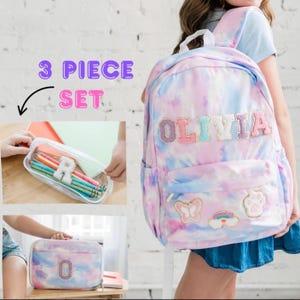 Ensemble personnalisé de sac à dos et de boîte à lunch pour fille, cadeau de rentrée personnalisé avec trousse pour enfant, cadeau d'anniversaire pour petite fille, teinture pour cravate