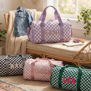 personalized gift duffle bag with name personalized birthday gift for her wedding gift for bridal party gift handmade mom gift checkered