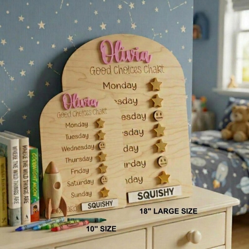 Puede incluir: Tabla de recompensas de madera "Good Choices Chart" para ni&ntilde;os, con el nombre "Olivia" en rosa. La tabla incluye los d&iacute;as de la semana, estrellas y la palabra "Squishy". Disponible en tama&ntilde;os de 25.4 cm y 45.7 cm.