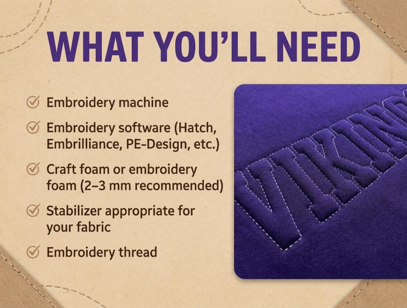 Puede incluir: Una imagen con el texto "WHAT YOU'LL NEED" enumera los elementos para bordar: m&aacute;quina, software, espuma artesanal, estabilizador e hilo. Se muestra una muestra de tela morada con la palabra "VIKINGS" bordada en blanco.