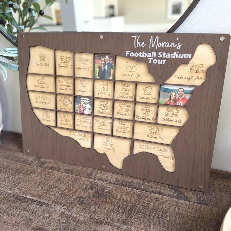 May include: A wooden map of the United States with cutouts for photos, labeled with football stadium names. The text "The Moran's Football Stadium Tour" is at the top. Photos of people are placed in some of the cutouts.
