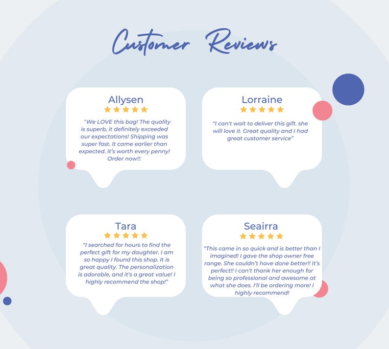 May include: Customer reviews for a shop with five-star ratings. The reviews highlight the quality of the products, fast shipping, and excellent customer service. The reviews are in speech bubbles with a blue and pink background.