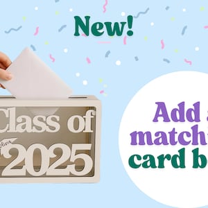 May include: A white graduation card box with the text "Class of 2025" and a mortarboard graphic. A hand is placing a white envelope into the box. The background is light blue with confetti.