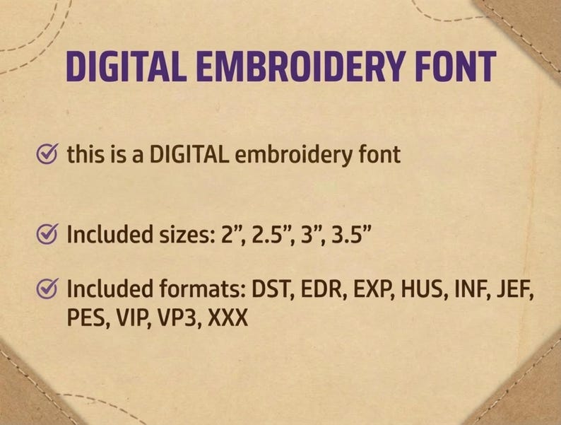 Puede incluir: Gr&aacute;fico de fuente de bordado digital con texto morado. El texto dice "DIGITAL EMBROIDERY FONT". El texto adicional dice "this is a DIGITAL embroidery font", los tama&ntilde;os incluidos son 2", 2.5", 3", 3.5", y los formatos incluidos son DST, EDR, EXP, HUS, INF, JEF, PES, VIP, VP3, XXX.