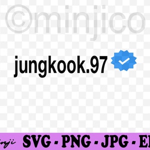Könnte beinhalten: Schwarzer Text auf weißem Hintergrund lautet "jungkook.97" mit einem blauen, verifizierten Häkchen-Symbol rechts.