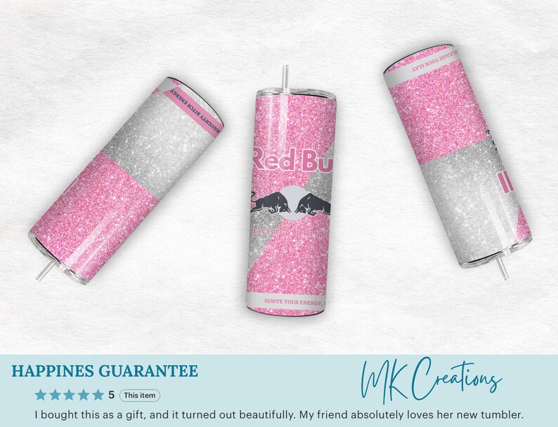 May include: Three glitter-covered tumblers with a pink and silver design. The central tumbler features the Red Bull logo and two black bulls. The other two tumblers have the text "NAUGHTY BITCH ENERGY" and "LEAVE YOUR MARK".
