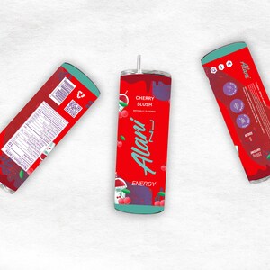 May include: Three red and teal energy drink tumblers with straws. The center tumbler displays the text "Cherry Slush" and "Alani Nu Energy". The other two tumblers show nutrition facts and product information.
