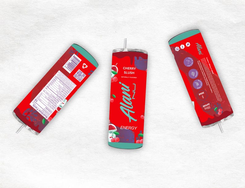 May include: Three red and teal energy drink tumblers with straws. The center tumbler displays the text "Cherry Slush" and "Alani Nu Energy". The other two tumblers show nutrition facts and product information.