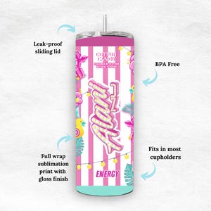 May include: A pink and white striped tumbler with the word "Maui" in a neon font. The tumbler features a cotton candy theme with a leak-proof lid and a straw. It is BPA-free and fits in most cup holders.