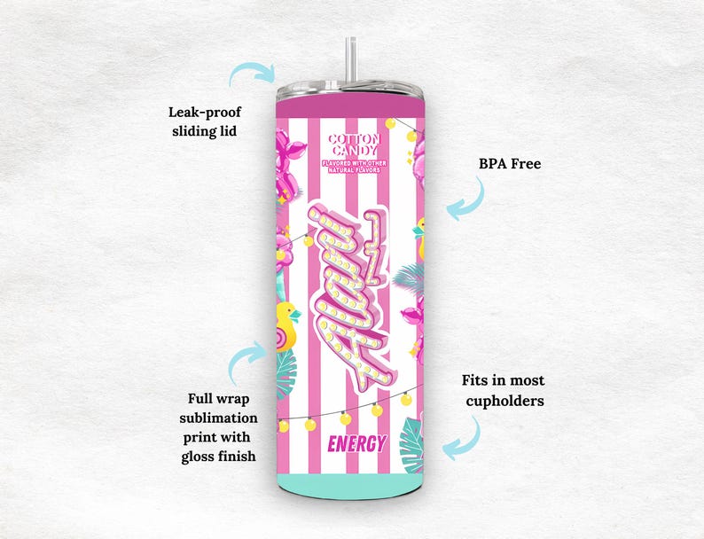 May include: A pink and white striped tumbler with the word "Maui" in a neon font. The tumbler features a cotton candy theme with a leak-proof lid and a straw. It is BPA-free and fits in most cup holders.