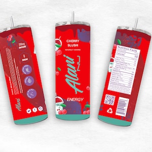May include: A red tumbler with a cherry slush design. The tumbler features the text "Cherry Slush" and "Alani Energy". It also includes nutritional information, a QR code, and icons indicating it is gluten-free, vegan, and keto-friendly. The tumbler has a silver straw.