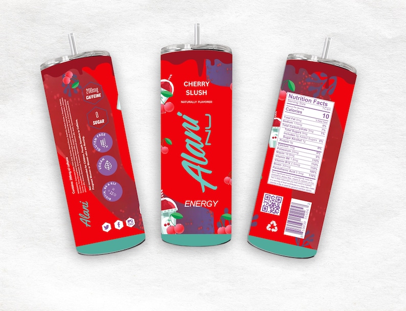 May include: A red tumbler with a cherry slush design. The tumbler features the text "Cherry Slush" and "Alani Energy". It also includes nutritional information, a QR code, and icons indicating it is gluten-free, vegan, and keto-friendly. The tumbler has a silver straw.
